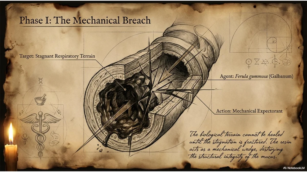 Phase I: The Mechanical Breach — Ferula gummosa (Galbanum) acting as a mechanical expectorant to fracture hardened bronchial mucus