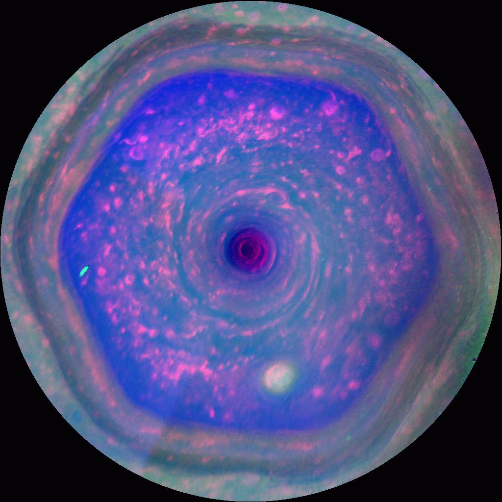 Saturn's north polar hexagon, false-color Cassini image