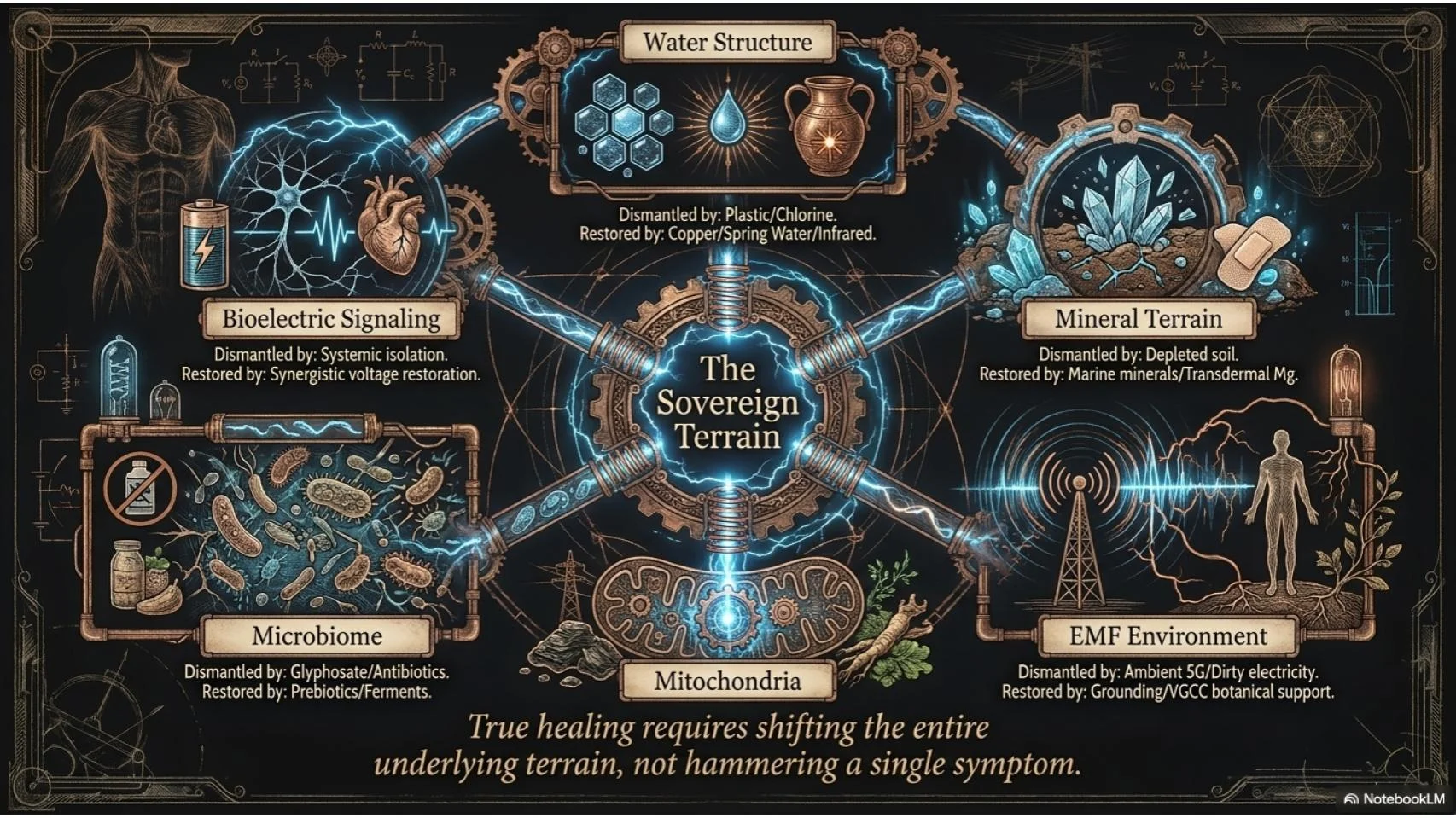 The Sovereign Terrain — six pillars: water structure, mineral terrain, EMF environment, mitochondria, microbiome, bioelectric signalling