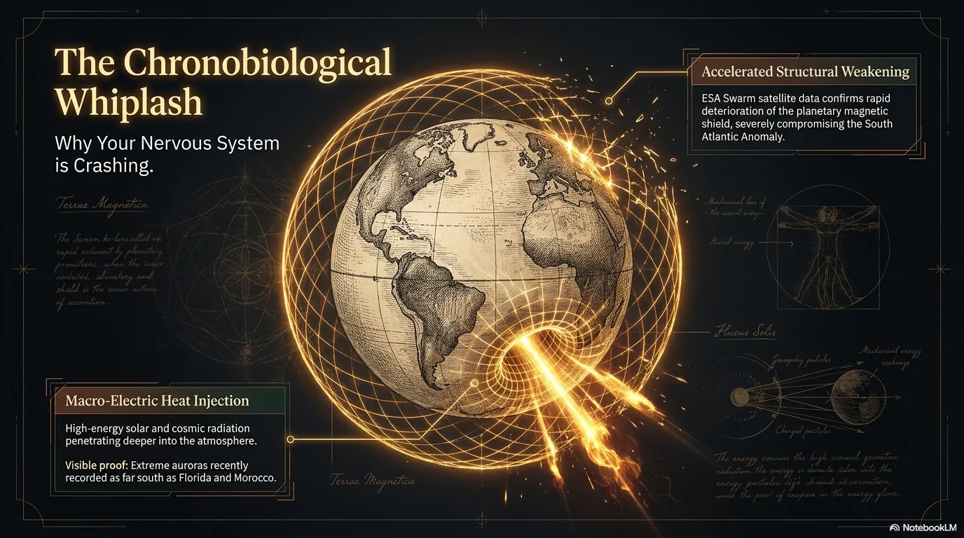 The Chronobiological Whiplash — accelerated magnetic field weakening and macro-electric heat injection