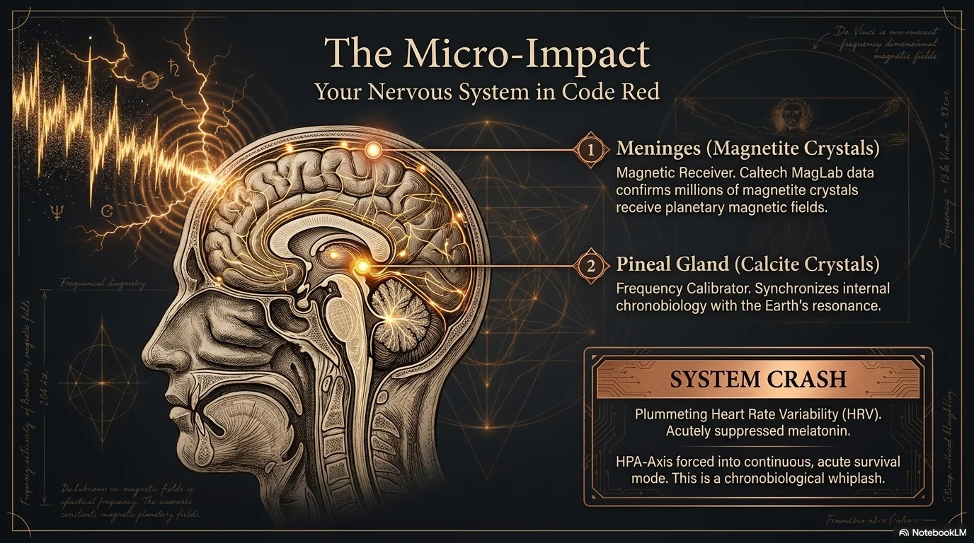 The Micro-Impact — magnetite in meninges, calcite in pineal gland, HPA-axis system crash