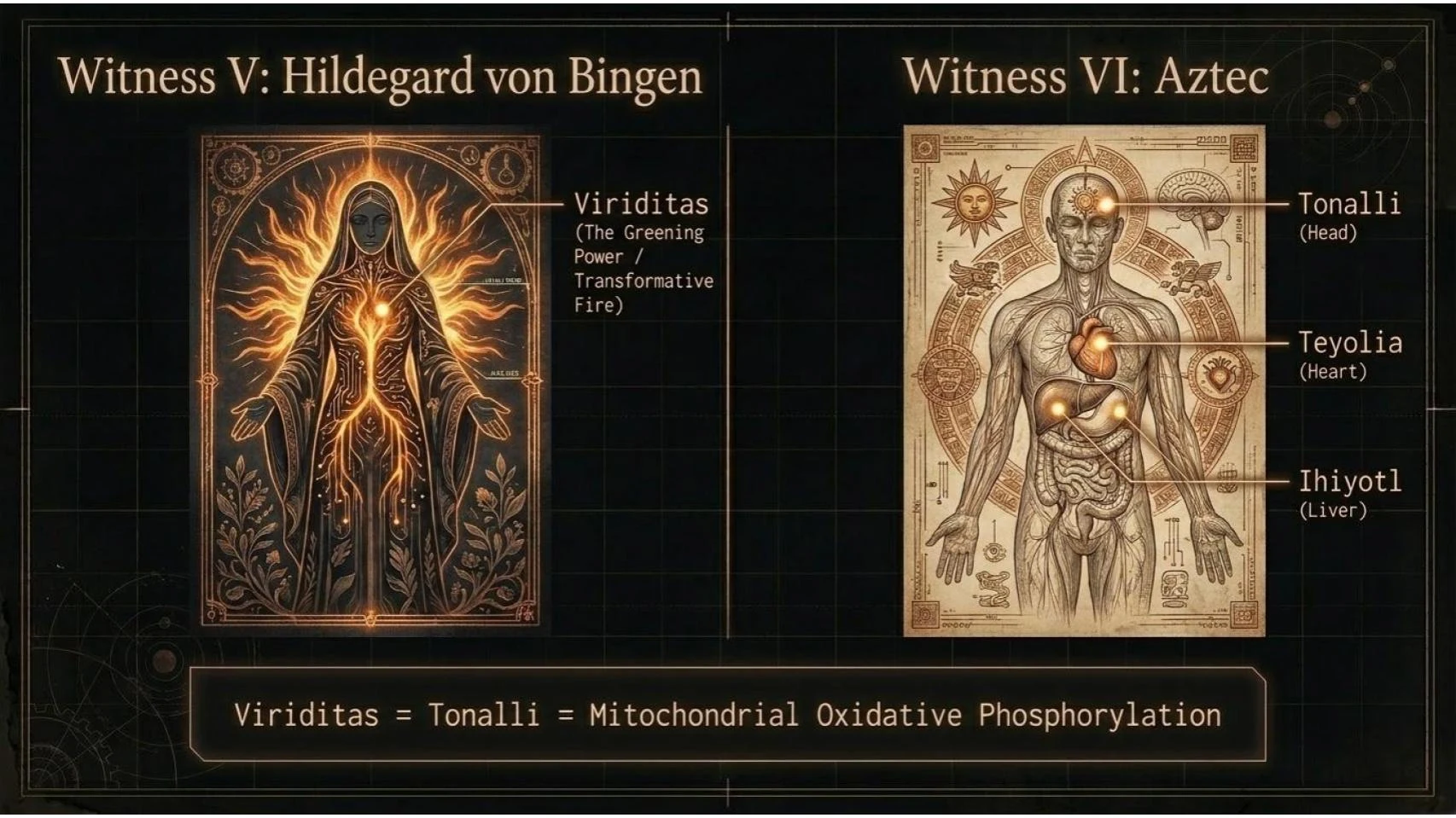 Witness V Hildegard von Bingen vs Witness VI Aztec — Viriditas vs Tonalli/Teyolia/Ihiyotl — mitochondrial oxidative phosphorylation